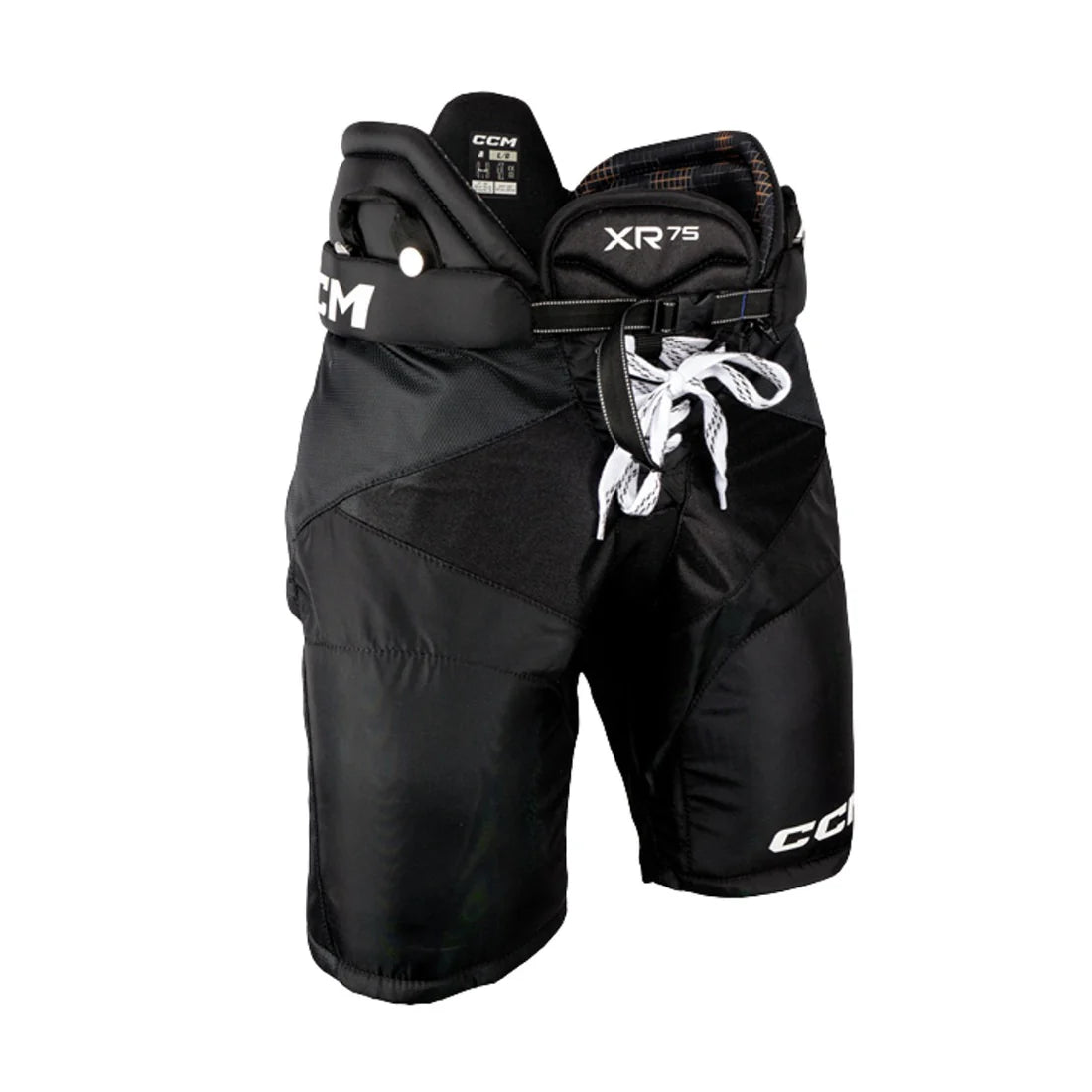 Black XR75 junior hockey pants with CCM branding on a white background
