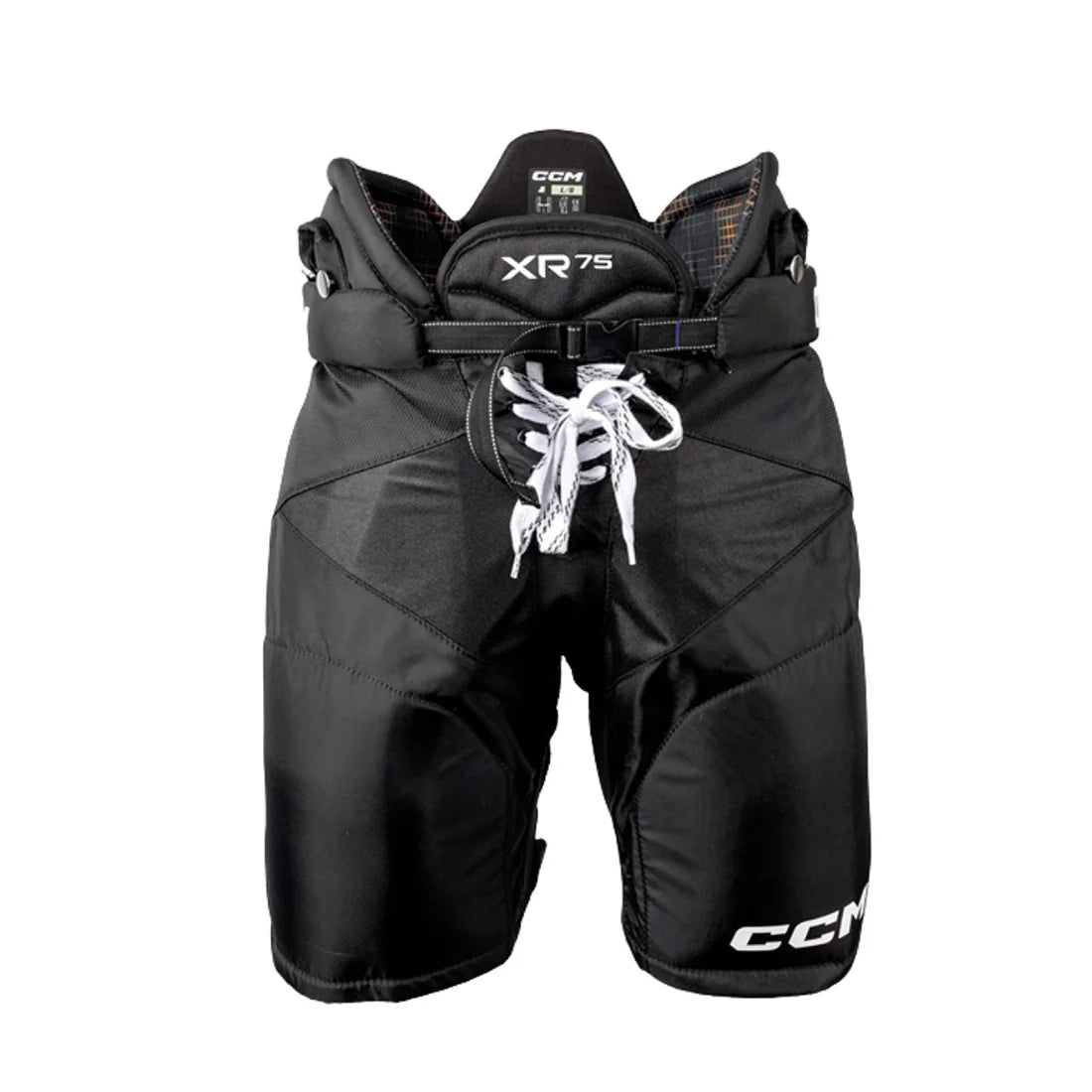 Black XR75 junior hockey pants with CCM branding on a white background