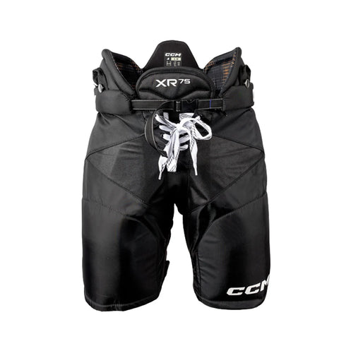 Black XR75 junior hockey pants with CCM branding on a white background