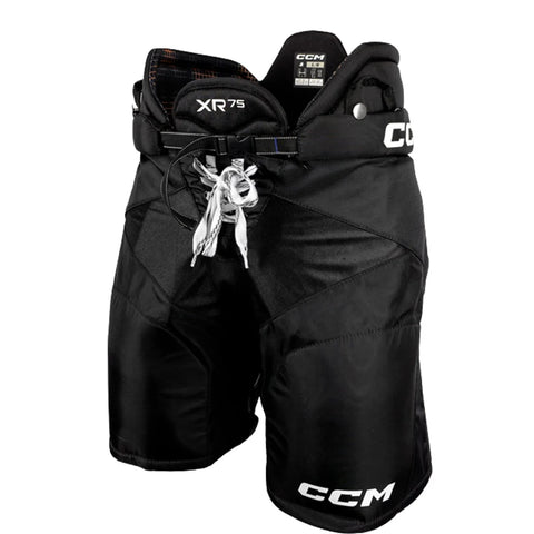 Black XR75 junior hockey pants with CCM branding on a white background