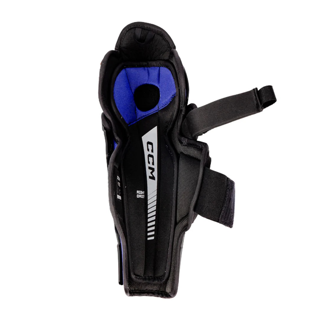 Black protective gear with blue interior on a white background