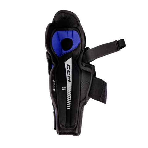 Black protective gear with blue interior on a white background