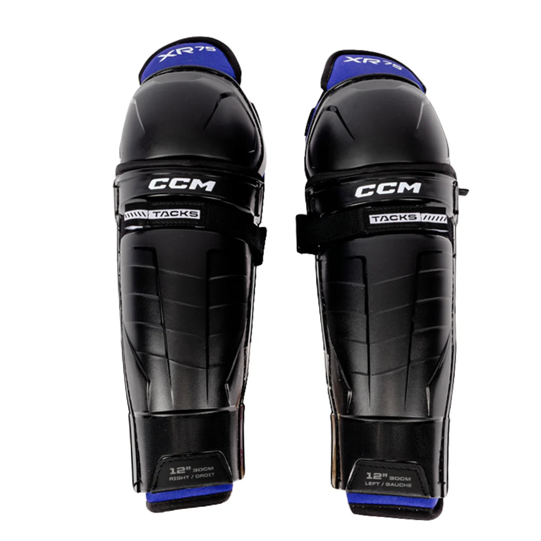 Pair of black CCM shin guards with blue accents on a white background