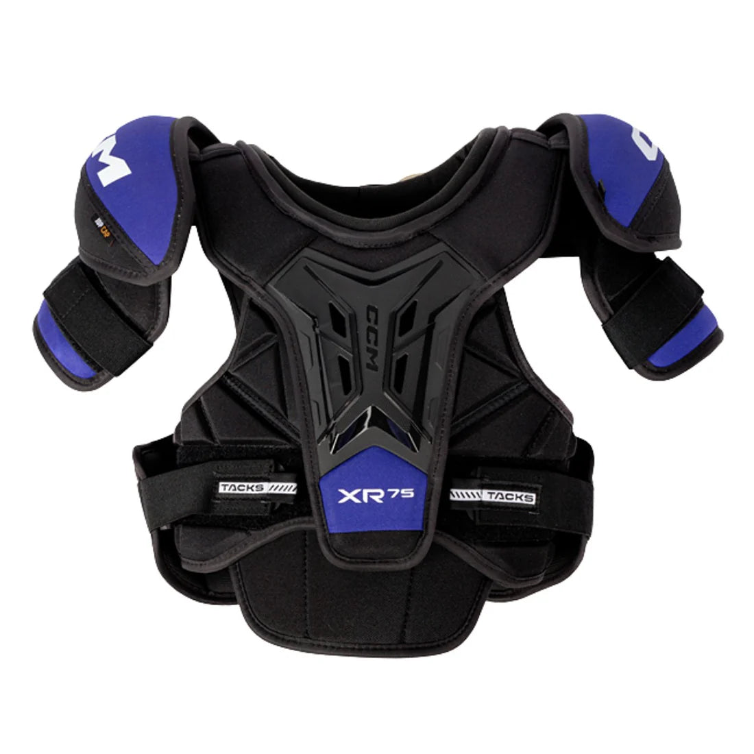 Black and blue protective chest and shoulder pad with 'XR 75' branding on a white background