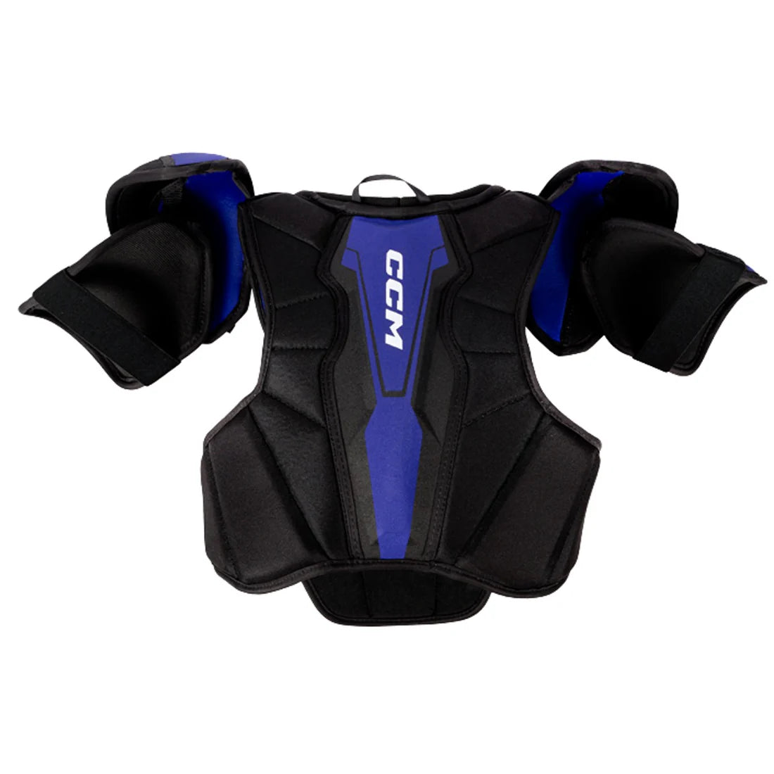 Black and blue CCM chest protector on a white background