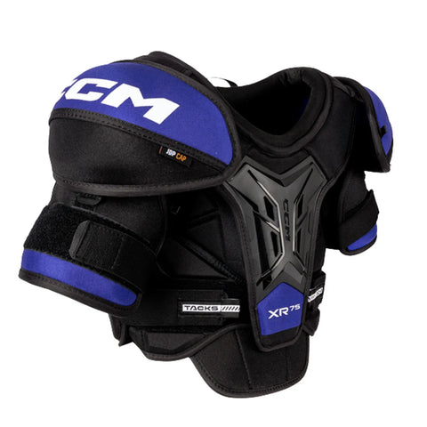 Black and blue CCM shoulder pad on a white background