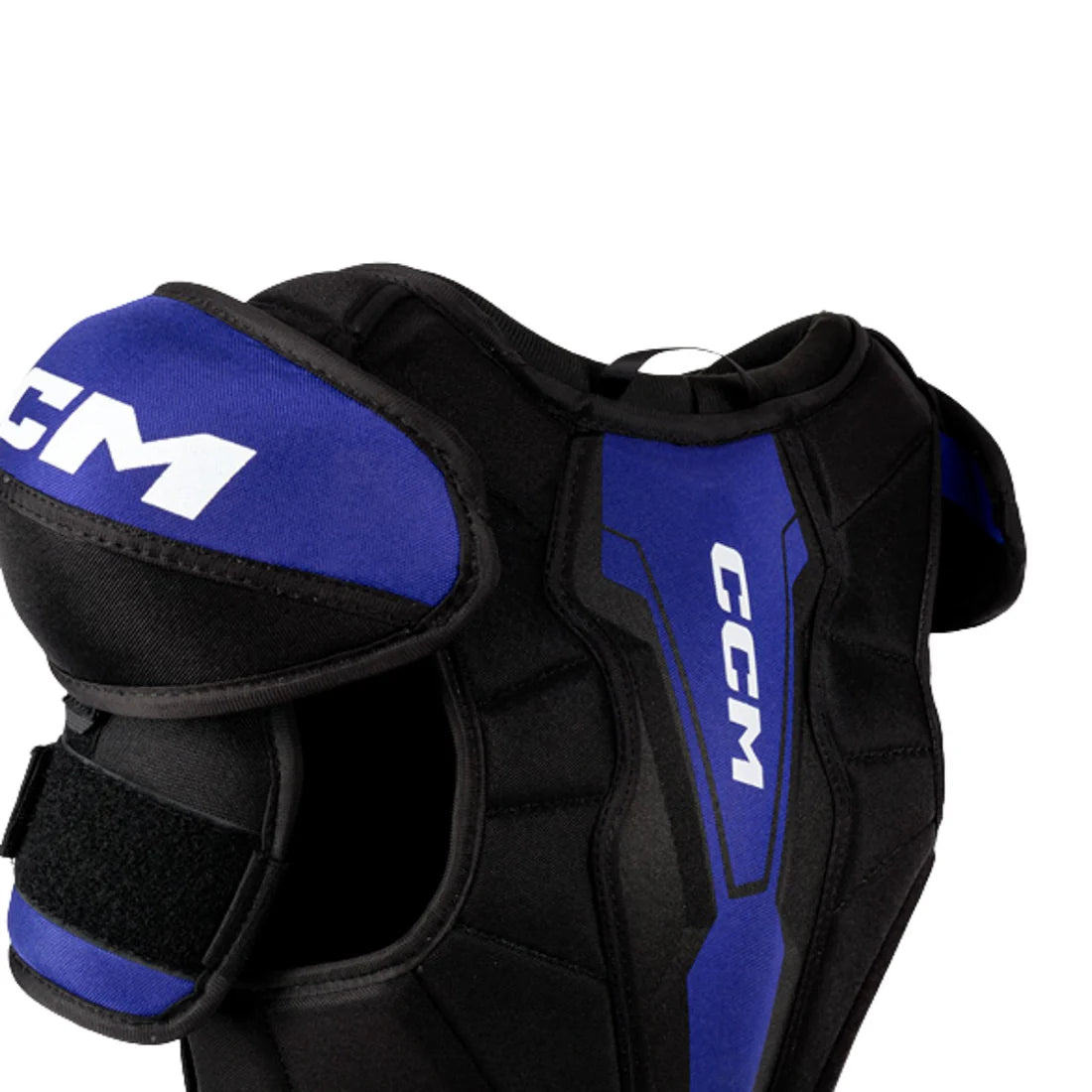 Black and blue CCM shoulder pad on a white background