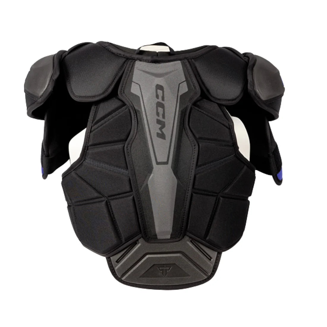 Black and gray CCM chest protector on a white background