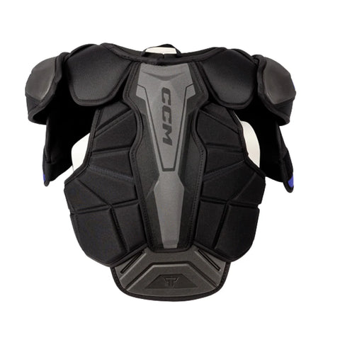 Black and gray CCM chest protector on a white background