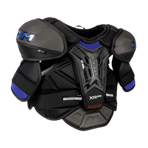 CCM XR-85 hockey shoulder pads in black and dark gray with blue accents, shown on a solid white background.