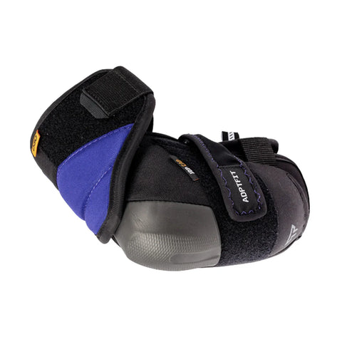 Black and blue protective gear with a brand logo on a white background