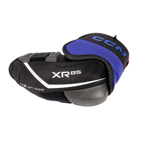 Black and blue CCM hockey elbow pad with 'XR85' branding on a white background