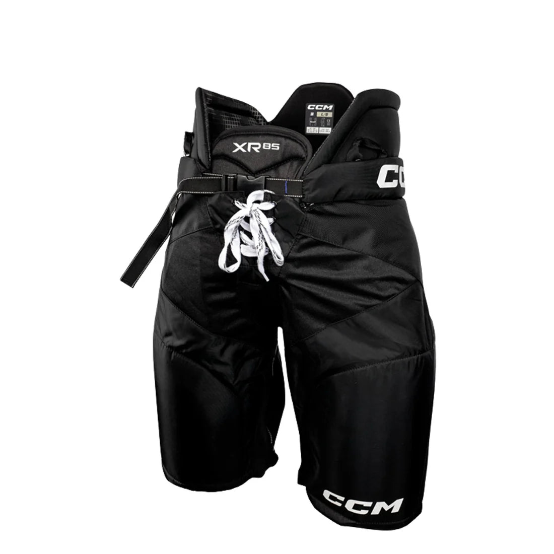 Black hockey pants with CCM branding on a white background