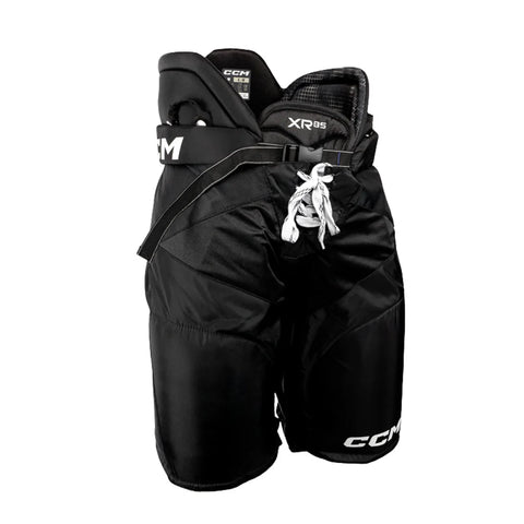 Black hockey pants with CCM branding on a white background