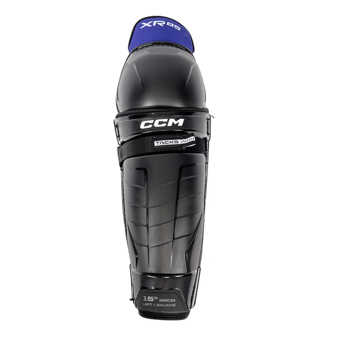 Black shin guard with blue top and CCM branding on a white background