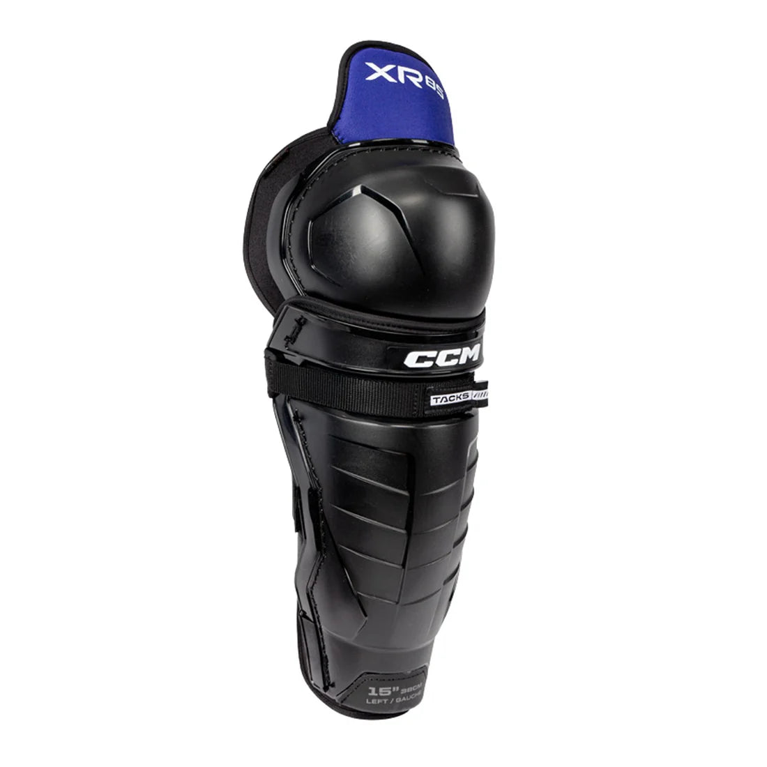 Black knee pad with blue label on a white background