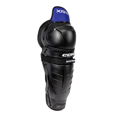Black knee pad with blue label on a white background