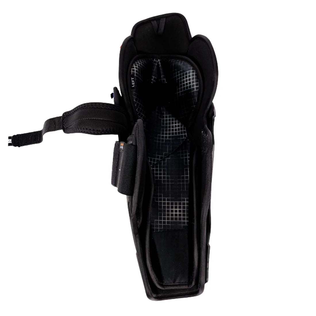 Black protective gear with a grid pattern on a white background