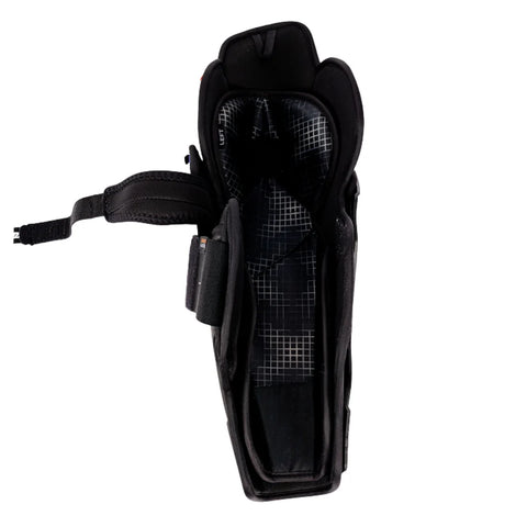 Black protective gear with a grid pattern on a white background