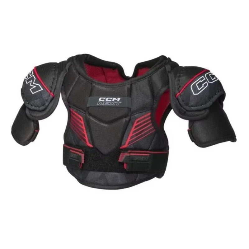 Black and red CCM hockey shoulder pad on a white background