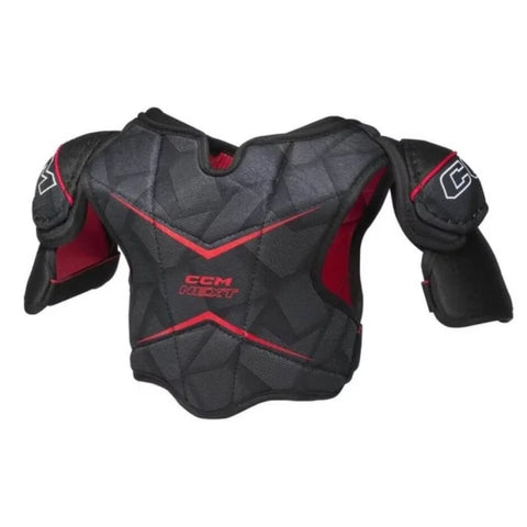 Black and red hockey shoulder pad with CCM logo on a white background